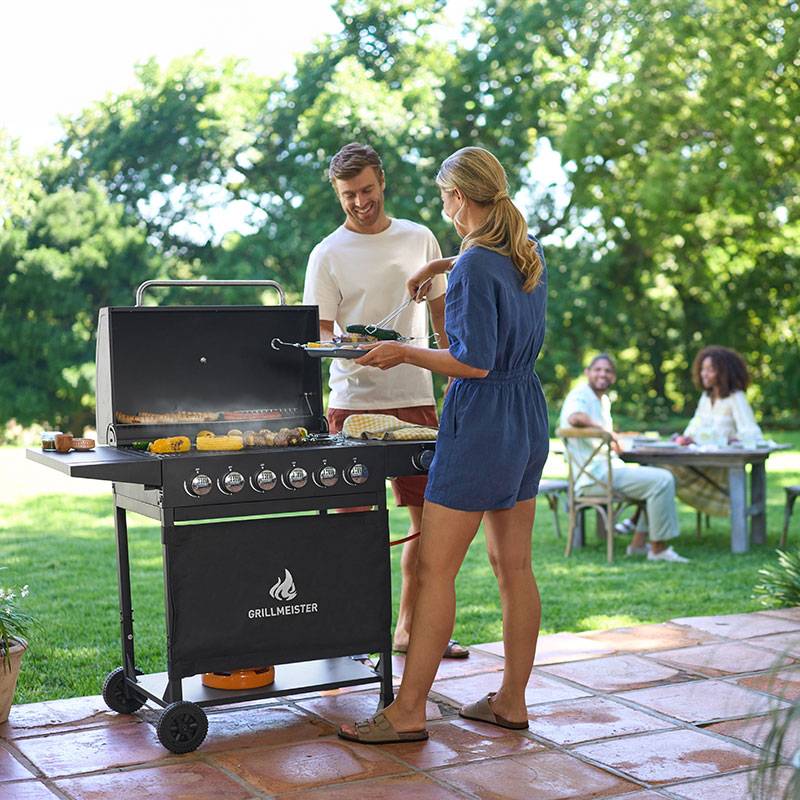 GrillMeister 6-burner gas grill, outdoors.