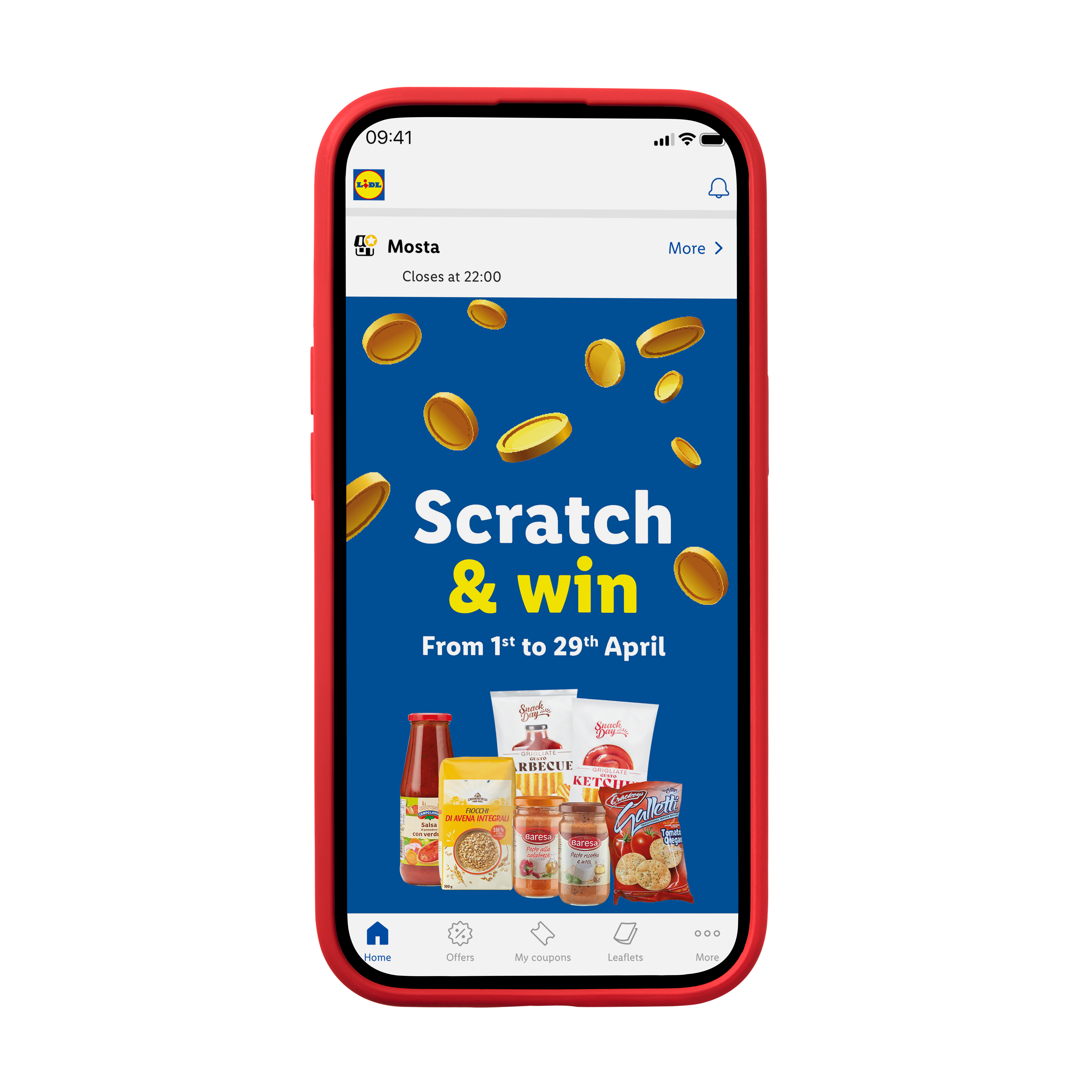 Lidl app showing a 'Scratch & Win' promotion with various food products and falling coins.