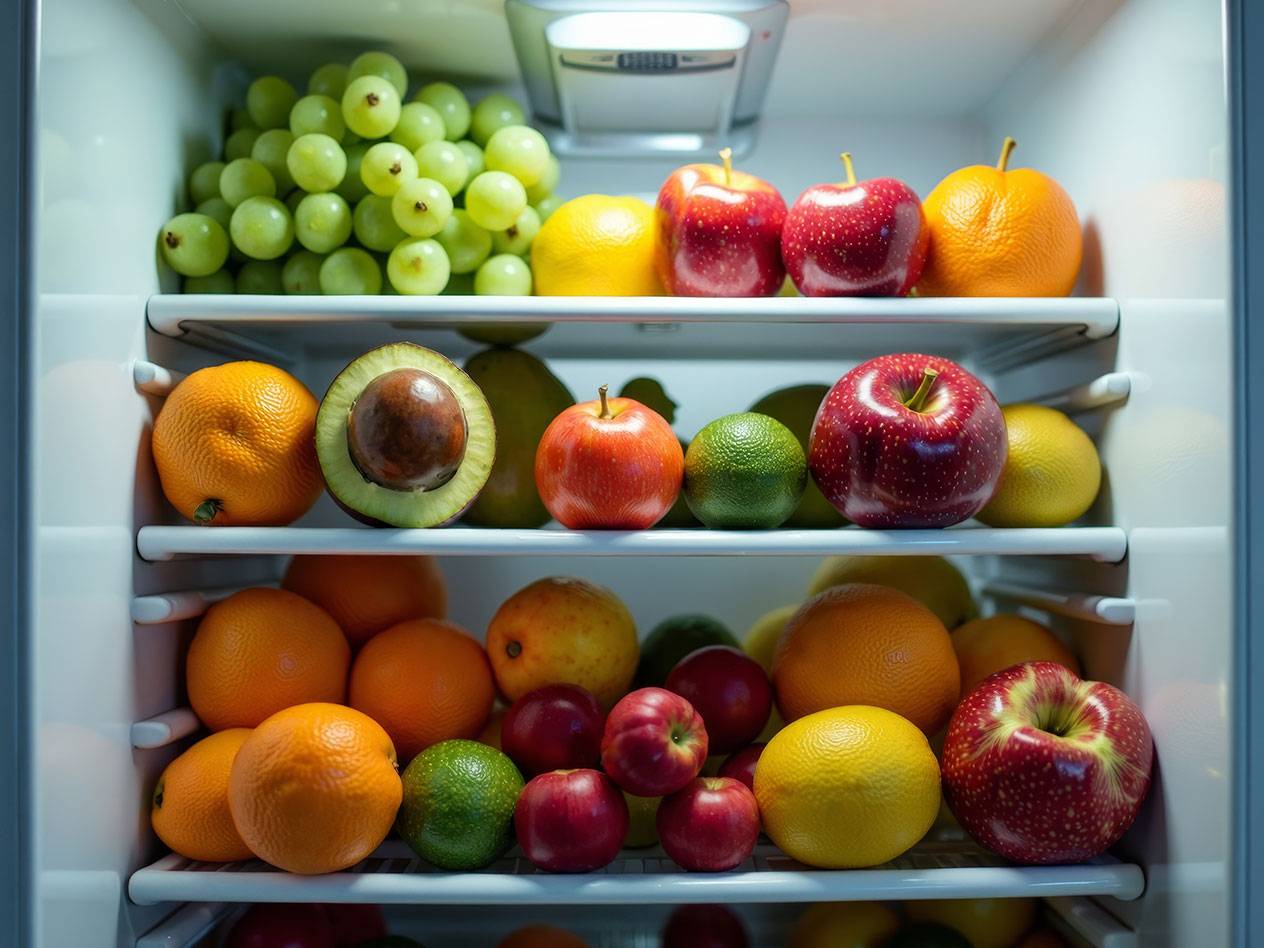 Grapes, apples, oranges, avocados in refrigerator.
